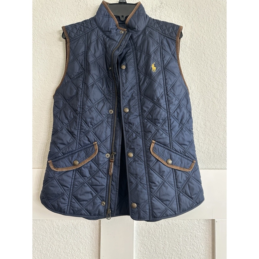 Polo Ralph Lauren Mens Diamond Quilted Navy Vest Leather Trim S Corduroy Collar